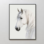 The Ivory Mane Canvas Art features a realistic white horse with a flowing mane on a white background, creating striking minimalist wall decor perfect for light-colored walls.