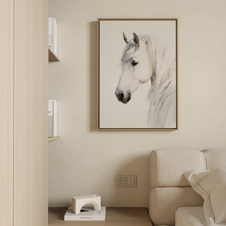 The coziness of the minimalist living room is enhanced by the Ivory Mane Canvas Art—a framed print featuring a gentle white horse—hanging above a light sofa, while a shelf with books and decor adds to the serene, elegant atmosphere.
