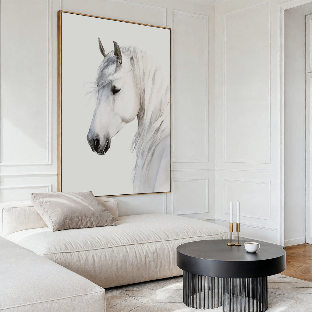 A modern living room with a large white sofa, a round black coffee table, neutral tones, minimal decor, and the Ivory Mane Canvas Art—a framed painting of a white horse with a soft background—on the wall.