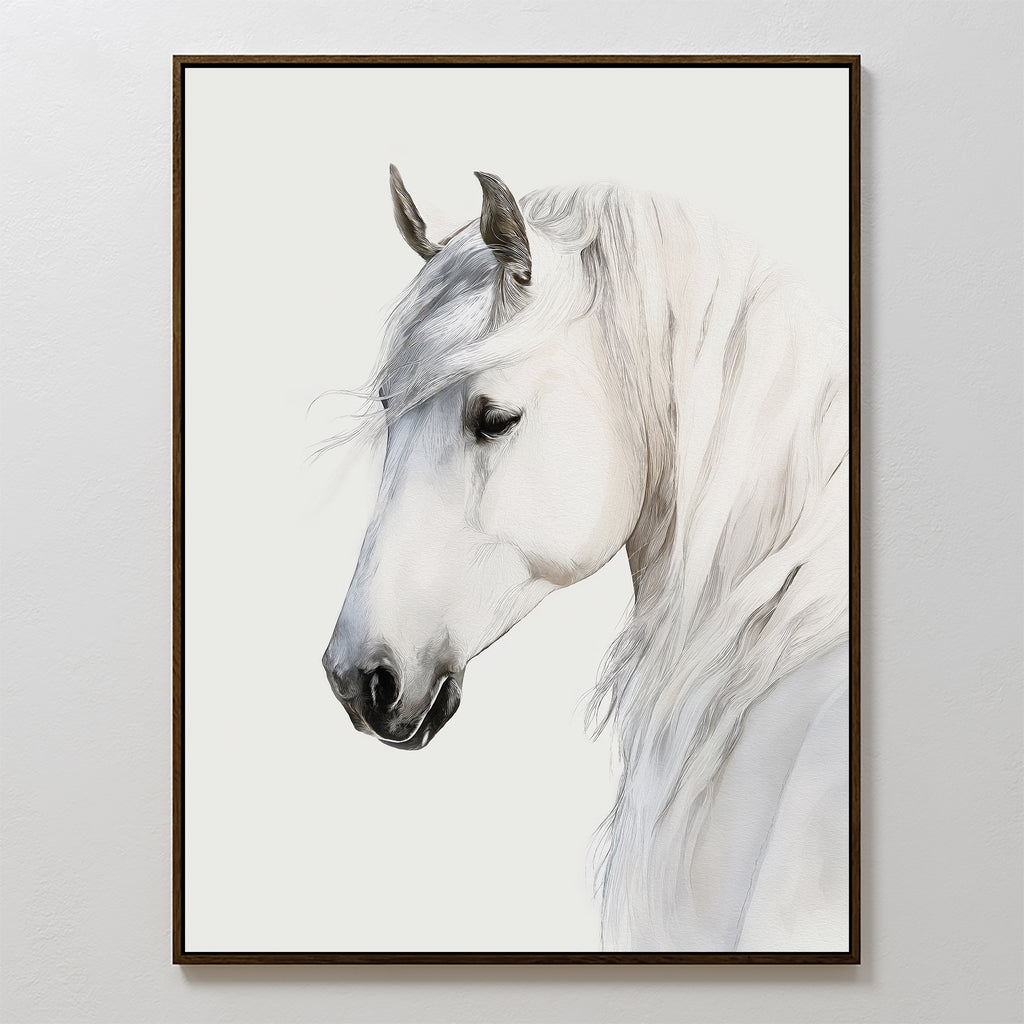 The Ivory Mane Canvas Art features a calm, elegant white horse in side profile with a flowing mane on a plain background. This minimalist framed print adds refined detail and sophistication to any space.