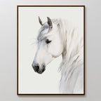The Ivory Mane Canvas Art features a calm, elegant white horse in side profile with a flowing mane on a plain background. This minimalist framed print adds refined detail and sophistication to any space.