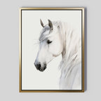 Ivory Mane Canvas Art features a white horse in profile with a flowing mane on a light background. The gold frame with black inner edge adds elegance, making this minimalist piece ideal as large wall art for any modern space.