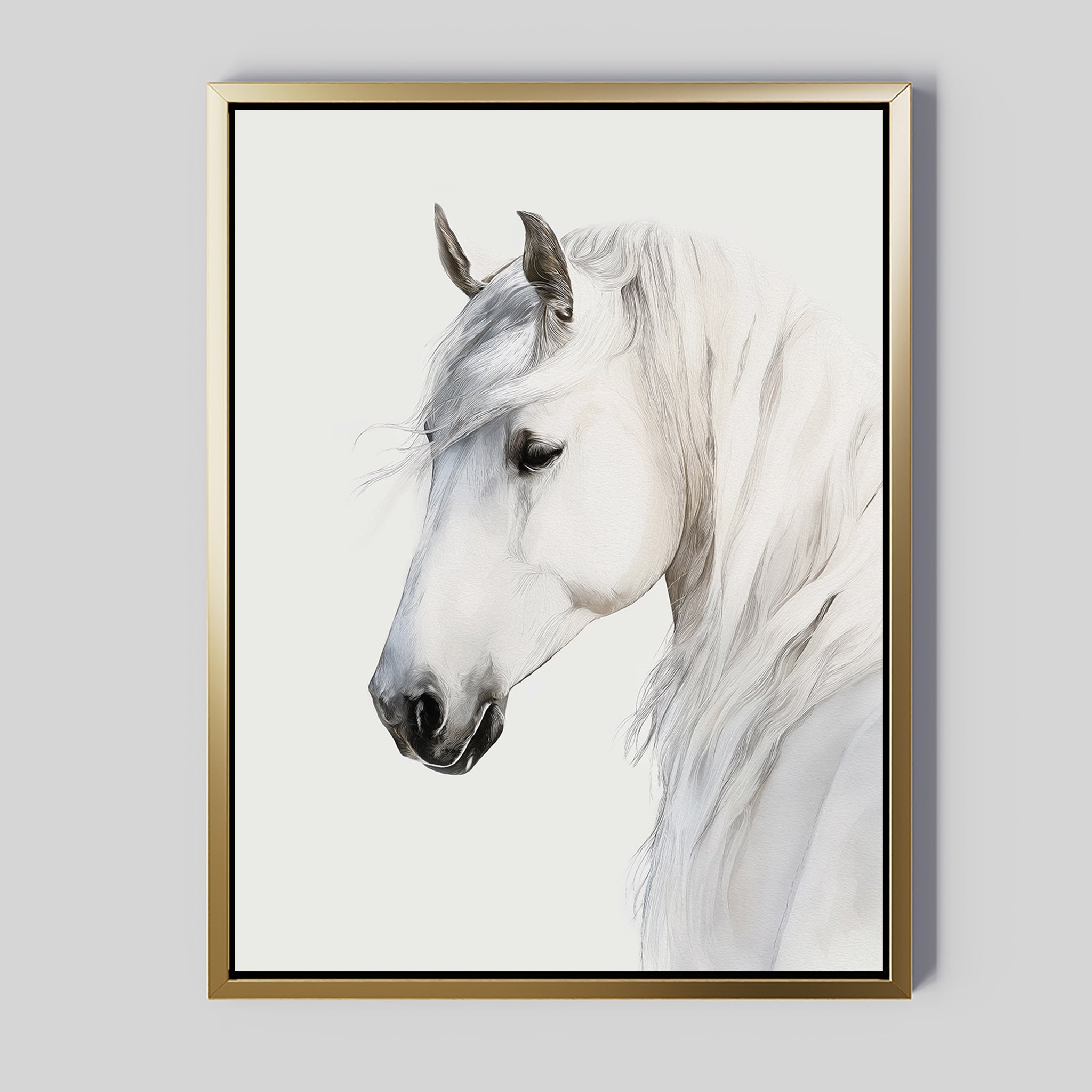 Ivory Mane Canvas Art features a white horse in profile with a flowing mane on a light background. The gold frame with black inner edge adds elegance, making this minimalist piece ideal as large wall art for any modern space.