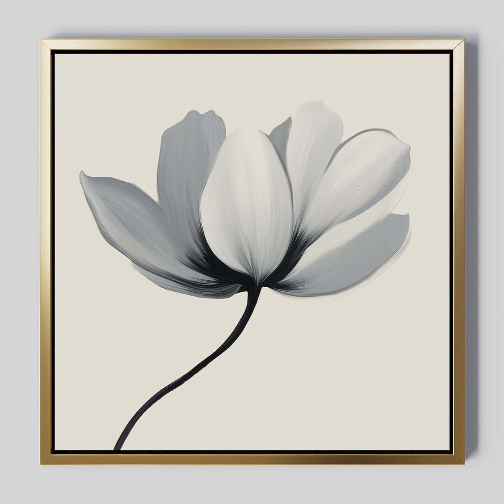 Ivory Petal Canvas Art showcases a single flower with soft white and gray petals and a curved black stem on a light beige background, framed in gold and black—an elegant choice for refined bedroom decor.