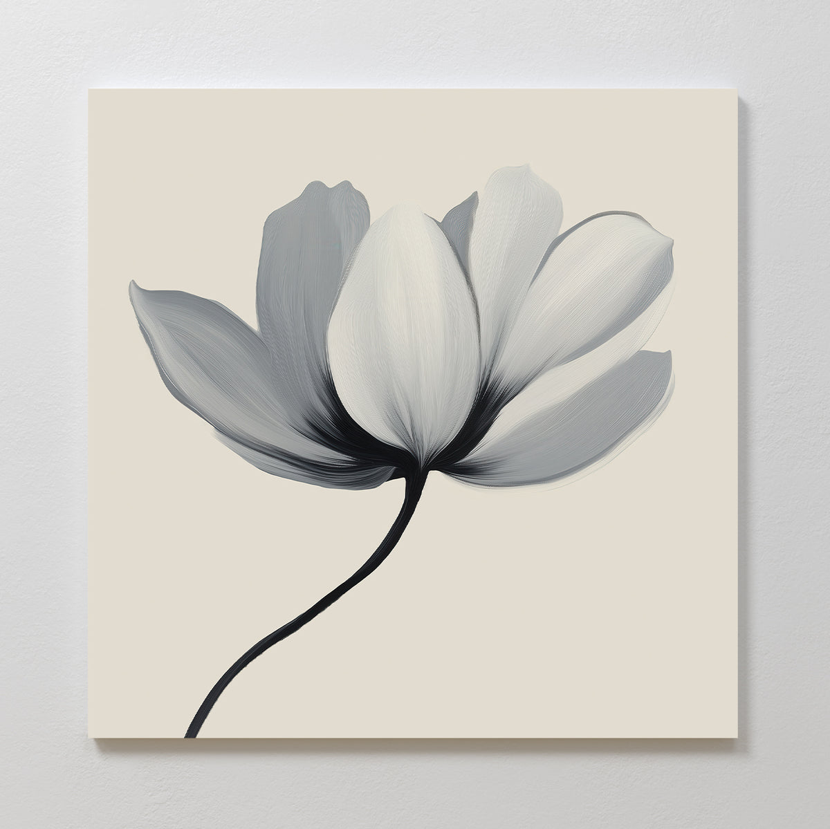 The Ivory Petal Canvas Art features a minimalist single flower with five overlapping gray petals on a light beige background and a delicate curved stem—an elegant choice for serene bedroom decor.