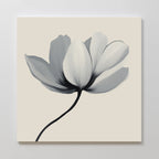 The Ivory Petal Canvas Art features a minimalist single flower with five overlapping gray petals on a light beige background and a delicate curved stem—an elegant choice for serene bedroom decor.