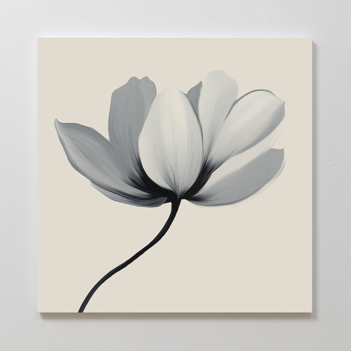 The Ivory Petal Canvas Art features a minimalist single flower with five overlapping gray petals on a light beige background and a delicate curved stem—an elegant choice for serene bedroom decor.