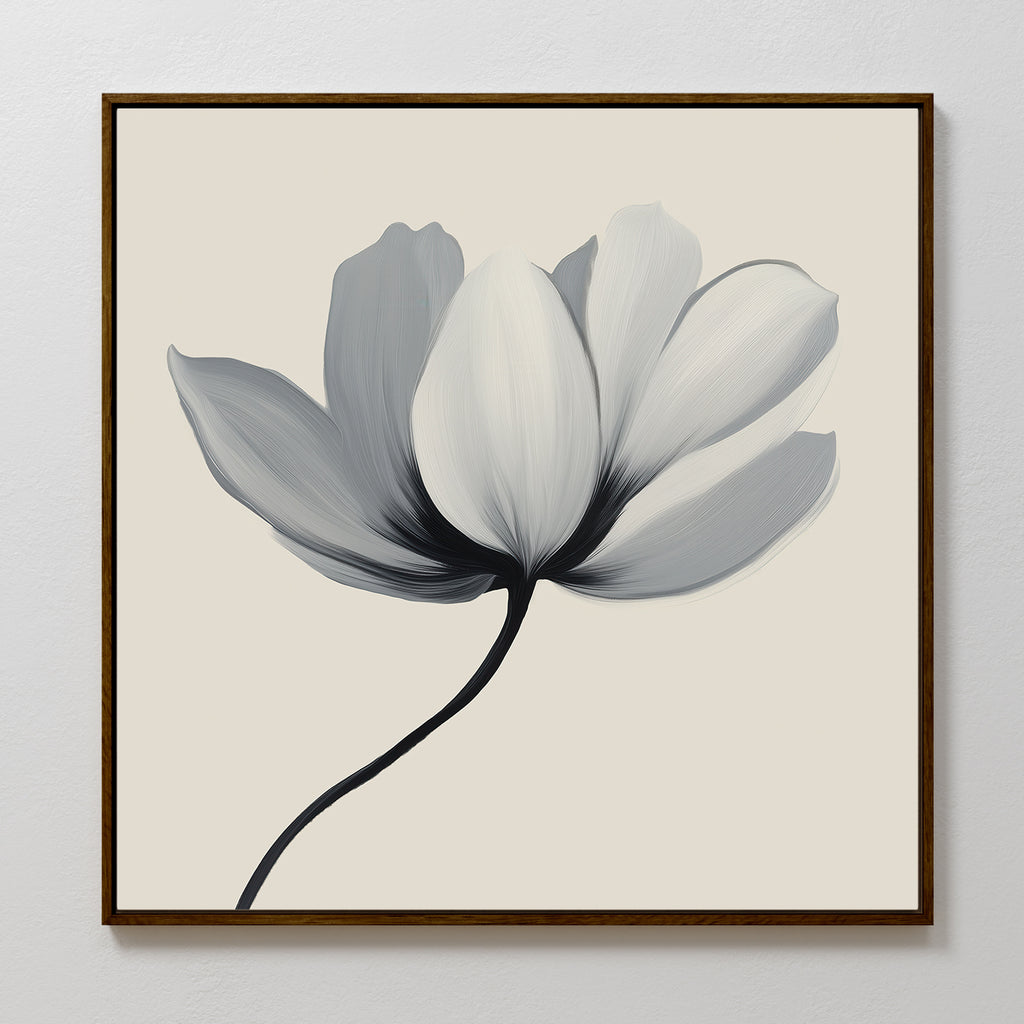 Ivory Petal Canvas Art features a minimalist white magnolia with gray shading on a beige background, framed in dark wood—an elegant floral wall art piece to elevate your bedroom decor.