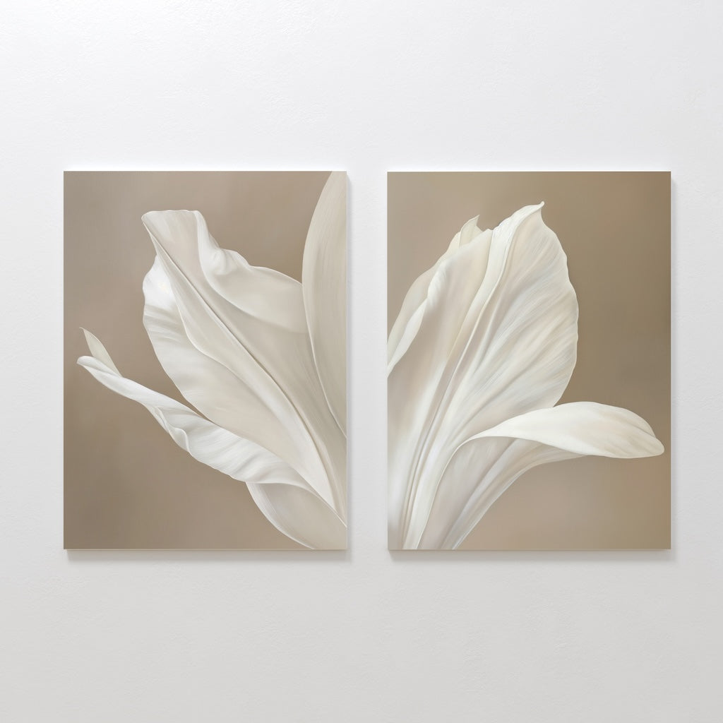 The Ivory Petals Set of 2 features canvas panels with soft-focus close-ups of white flower petals against a beige background, creating minimalist and elegant wall art ideal for sophisticated living room decor.