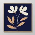 Ivory Stems Canvas Art displays two cream flowers with tan leaves on slender ivory stems over a dark navy blue background, finished with a simple wooden frame—an ideal piece for modern minimalist décor.