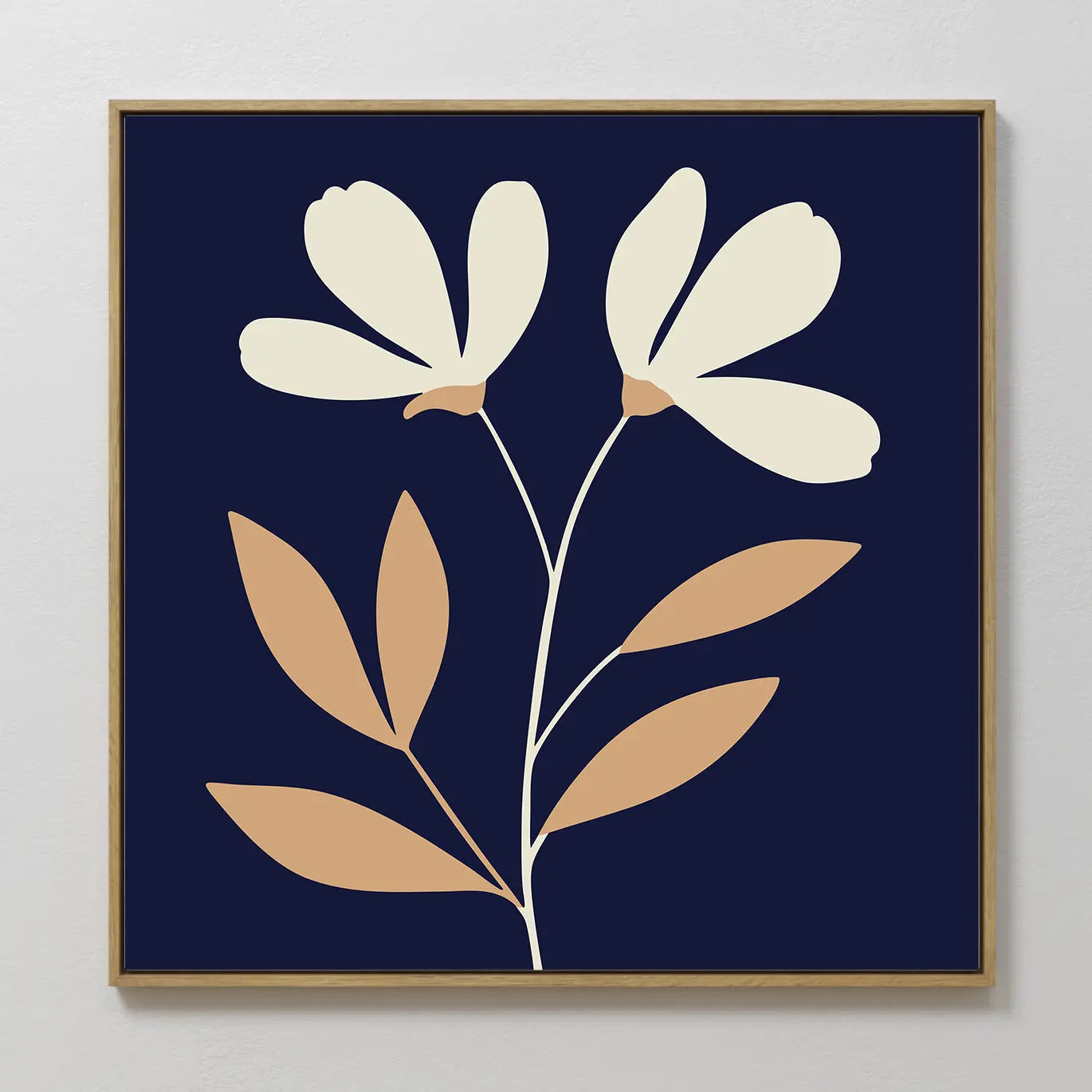 Ivory Stems Canvas Art displays two cream flowers with tan leaves on slender ivory stems over a dark navy blue background, finished with a simple wooden frame—an ideal piece for modern minimalist décor.