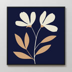 Ivory Stems Canvas Art features a minimalist floral design with two cream flowers, beige leaves, and ivory stems on a dark navy background, elegantly framed in black—ideal for modern decor.
