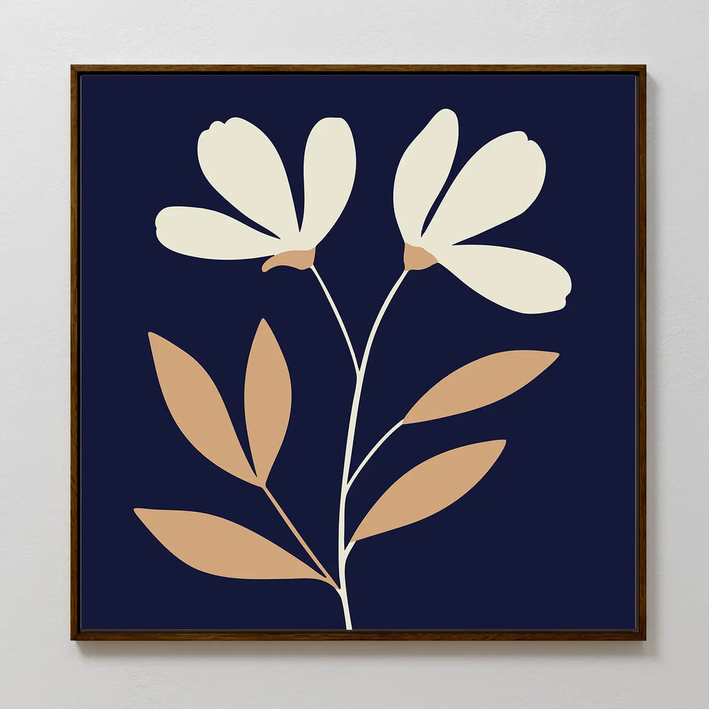 Ivory Stems Canvas Art features a minimalist floral design with two cream flowers, ivory stems, and beige leaves on a dark navy background. Framed with a thin brown border, it’s perfect for modern decor.