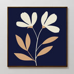 Ivory Stems Canvas Art features a minimalist floral design with two cream flowers, ivory stems, and beige leaves on a dark navy background. Framed with a thin brown border, it’s perfect for modern decor.