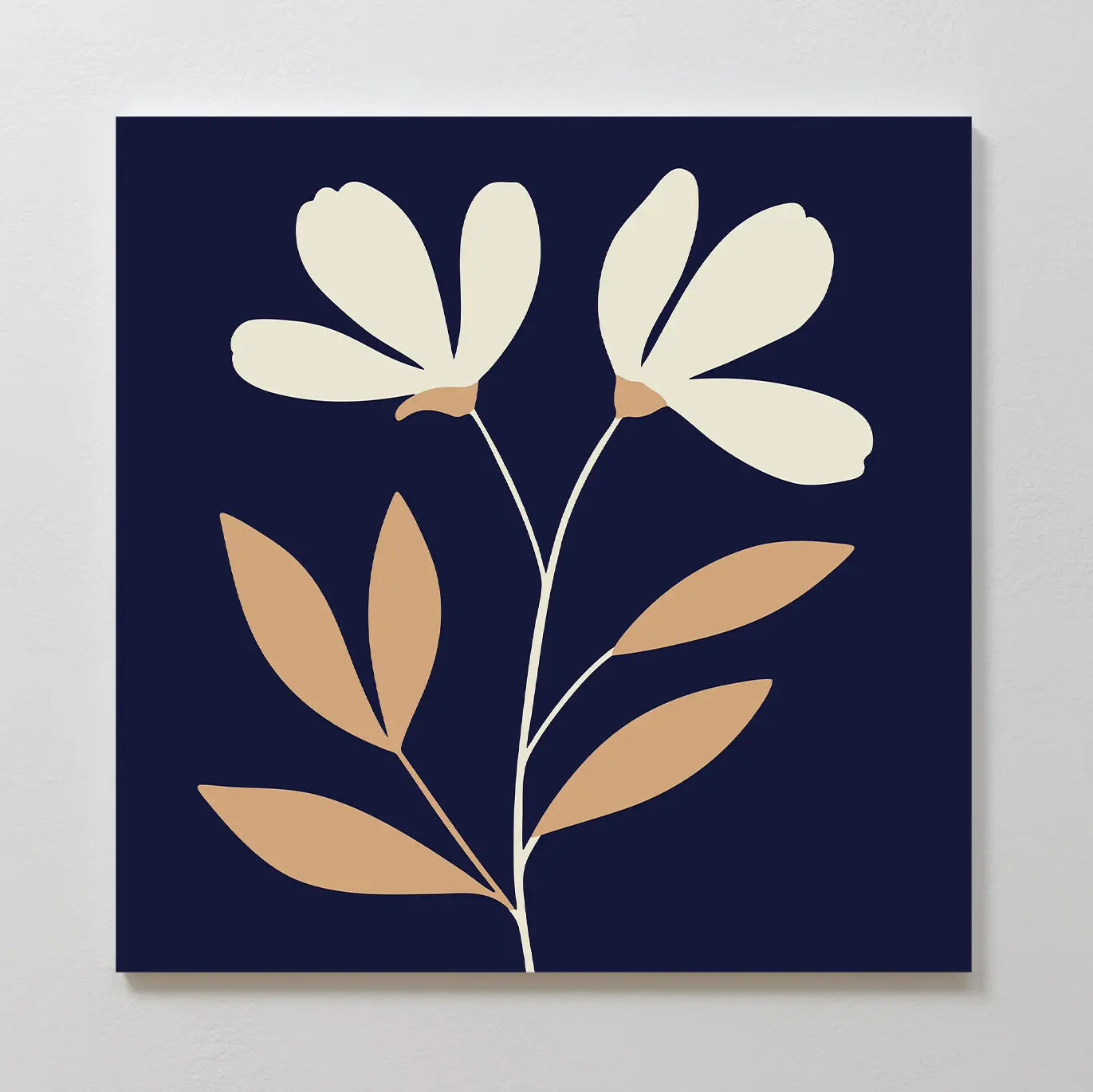 Ivory Stems Canvas Art features a minimalist floral design with two cream-colored flowers, tan leaves, and ivory stems on a solid dark blue background—simple, clean lines make it perfect for modern decor.