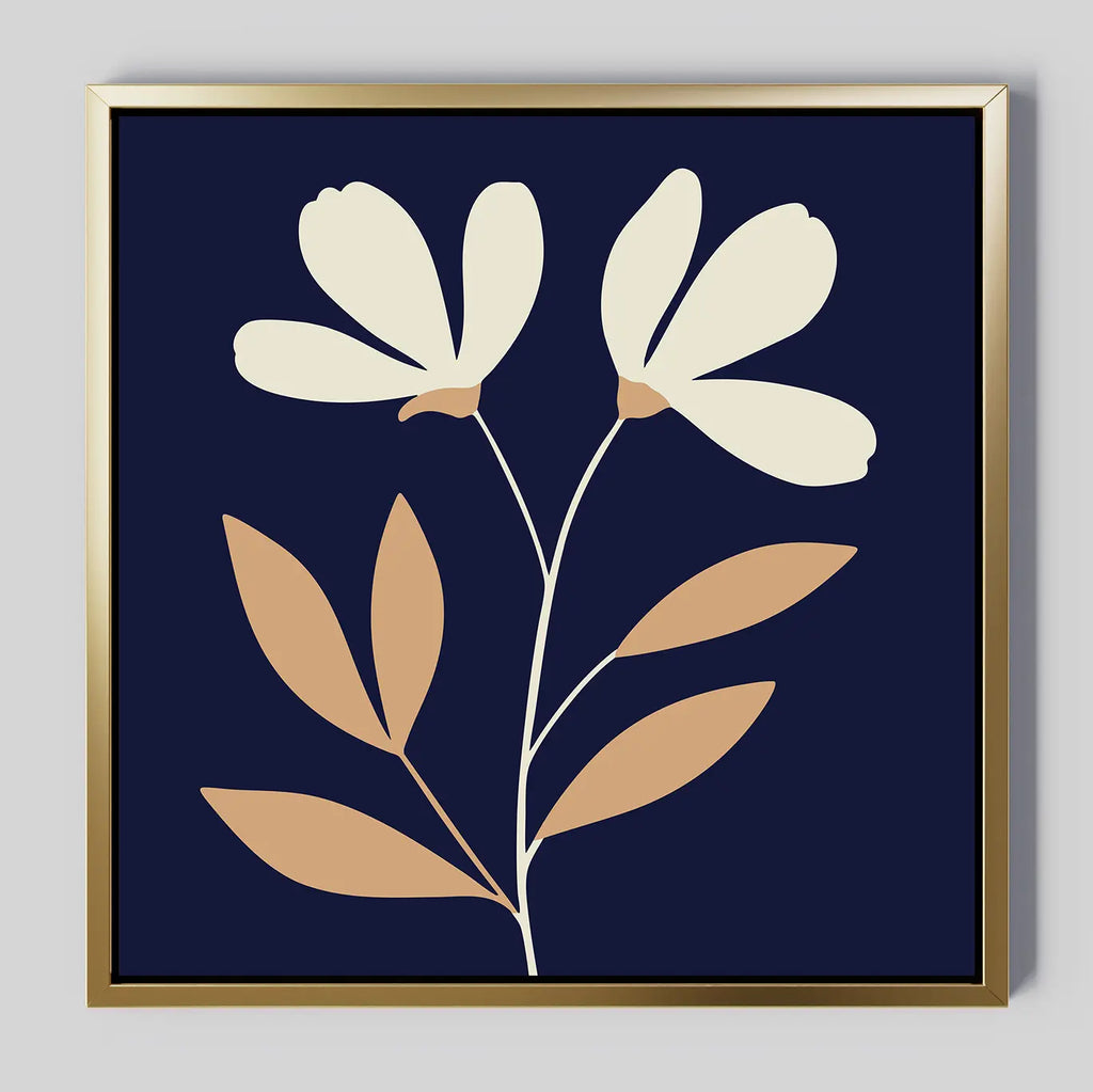 Ivory Stems Canvas Art features a minimalist floral design with two cream flowers, ivory stems, and tan leaves on a dark blue background in a thin gold frame—ideal for modern decor.