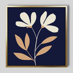 Ivory Stems Canvas Art features a minimalist floral design with two cream flowers, ivory stems, and tan leaves on a dark blue background in a thin gold frame—ideal for modern decor.