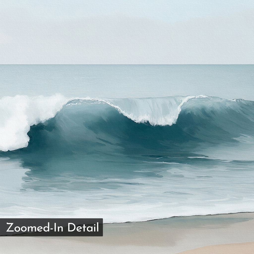 The Lapping Tide Canvas Art depicts a digital painting of an ocean wave with soft blue water and white foam, featuring a minimalist, slightly blurred texture and a Zoomed-In Detail label at the bottom left corner.