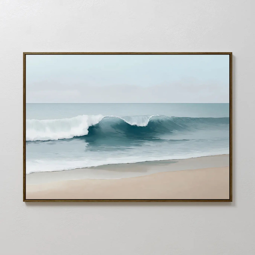 The Lapping Tide Canvas Art features a serene beach scene with a single wave curling toward the sandy shore beneath a pale, overcast sky.