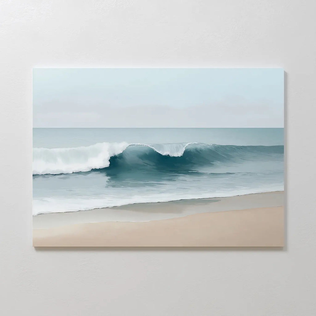 Lapping Tide Canvas Art captures gentle waves on a sandy shore beneath a soft blue sky, bringing modern coastal tranquility to your space.