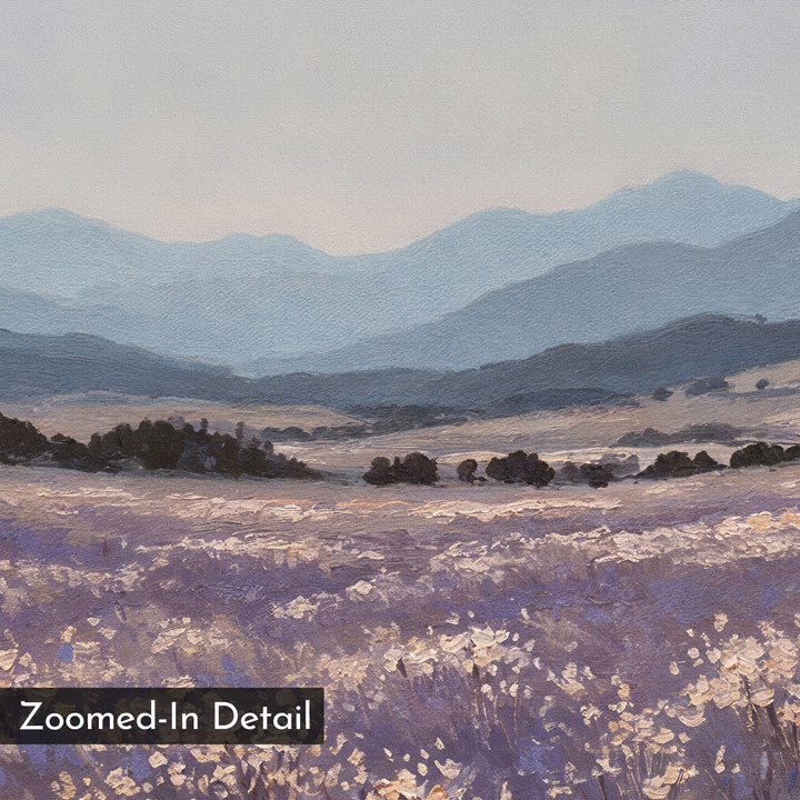 Lavender Terrain Canvas Art features a serene landscape of rolling hills and mountains in muted blue tones, a field of wildflowers, and tree clusters. Ideal as minimalist wall art or bedroom decor, foreground text reads Zoomed-In Detail.