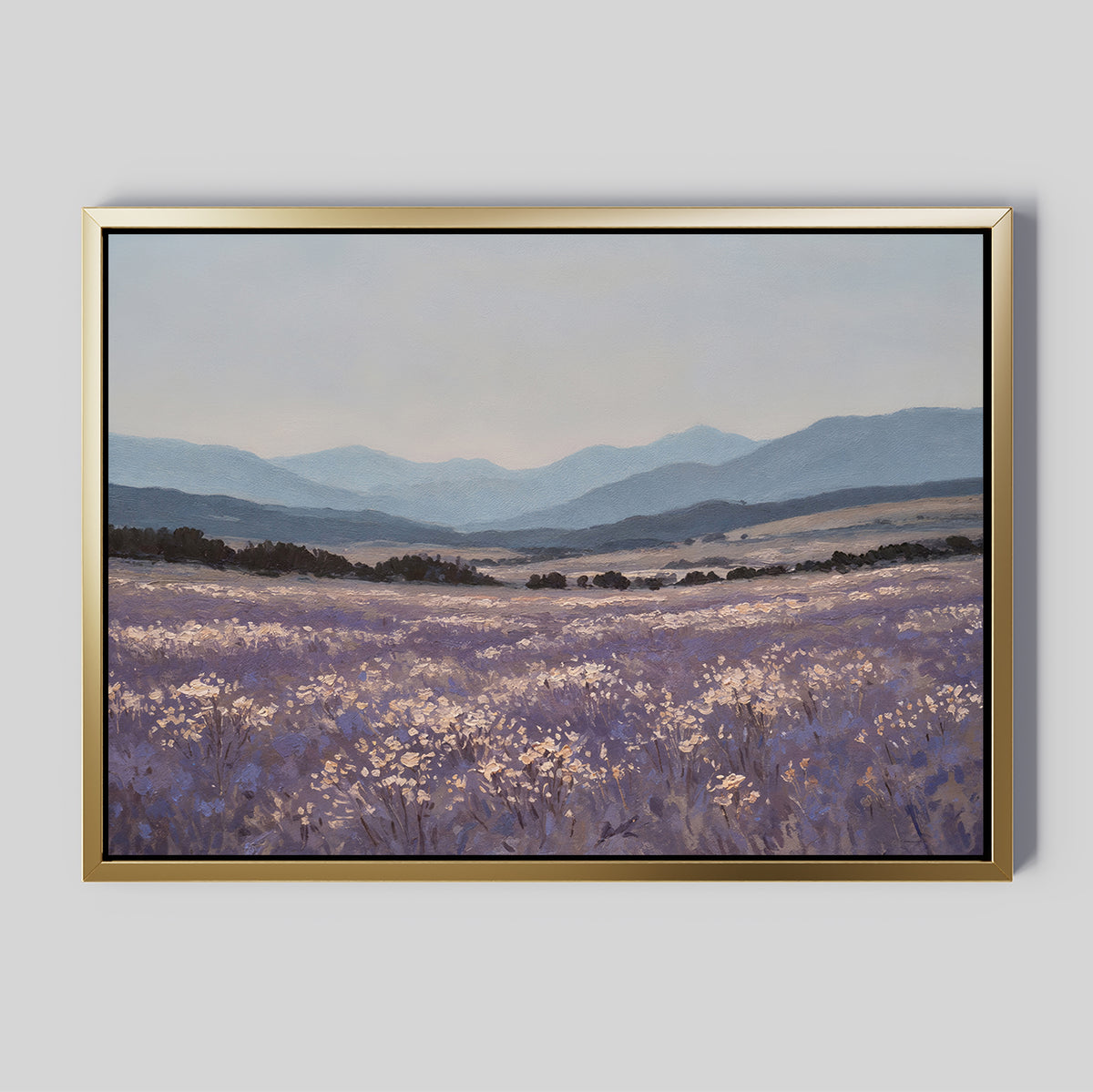 Lavender Terrain Canvas Art features a serene lavender field with mountains and a pale sky. Soft purples, blues, and whites create a peaceful large wall art piece perfect for enhancing any space.