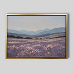 Lavender Terrain Canvas Art features a serene lavender field with mountains and a pale sky. Soft purples, blues, and whites create a peaceful large wall art piece perfect for enhancing any space.