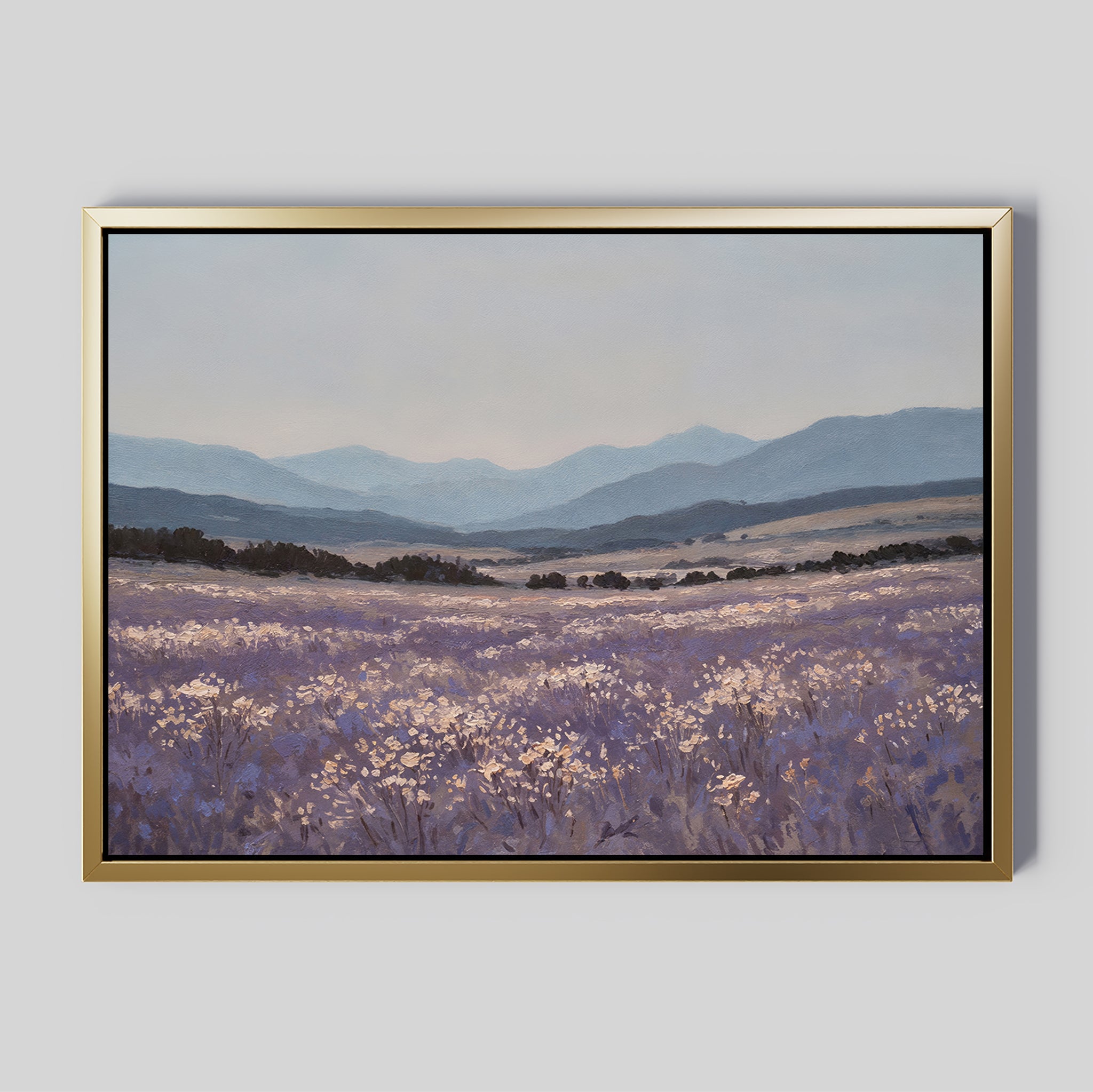 Lavender Terrain Canvas Art features a serene lavender field with mountains and a pale sky. Soft purples, blues, and whites create a peaceful large wall art piece perfect for enhancing any space.