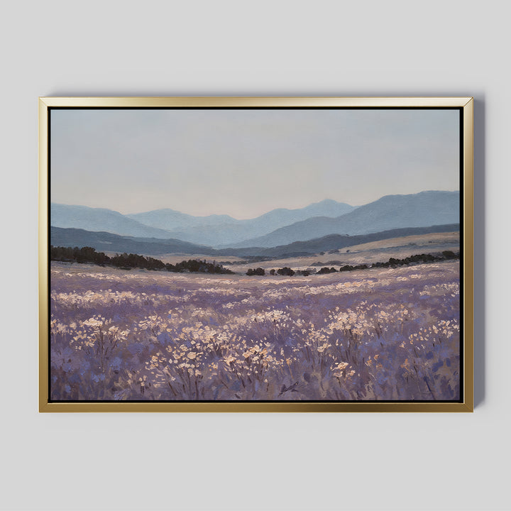 Lavender Terrain Canvas Art features a serene lavender field with mountains and a pale sky. Soft purples, blues, and whites create a peaceful large wall art piece perfect for enhancing any space.