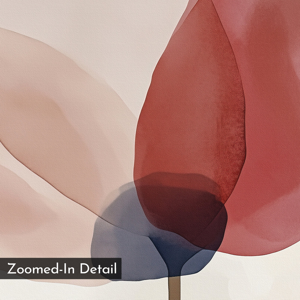 Soft beige, navy, and deep red watercolor shapes overlap on a light background in the Layered Bloom Canvas Art. A small dark blue area is centered, with “Zoomed-In Detail” labeled at the bottom left. Modern wall decor for any space.