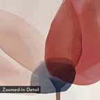 Soft beige, navy, and deep red watercolor shapes overlap on a light background in the Layered Bloom Canvas Art. A small dark blue area is centered, with “Zoomed-In Detail” labeled at the bottom left. Modern wall decor for any space.