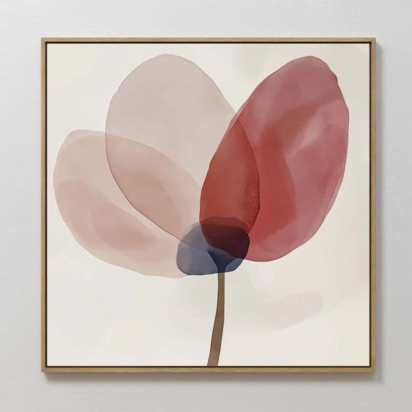 Layered Bloom Canvas Art features minimalist floral wall art with an abstract single flower of overlapping blush pink, beige, and deep red petals. Its thin brown stem and gold frame offer modern décor against a light background.