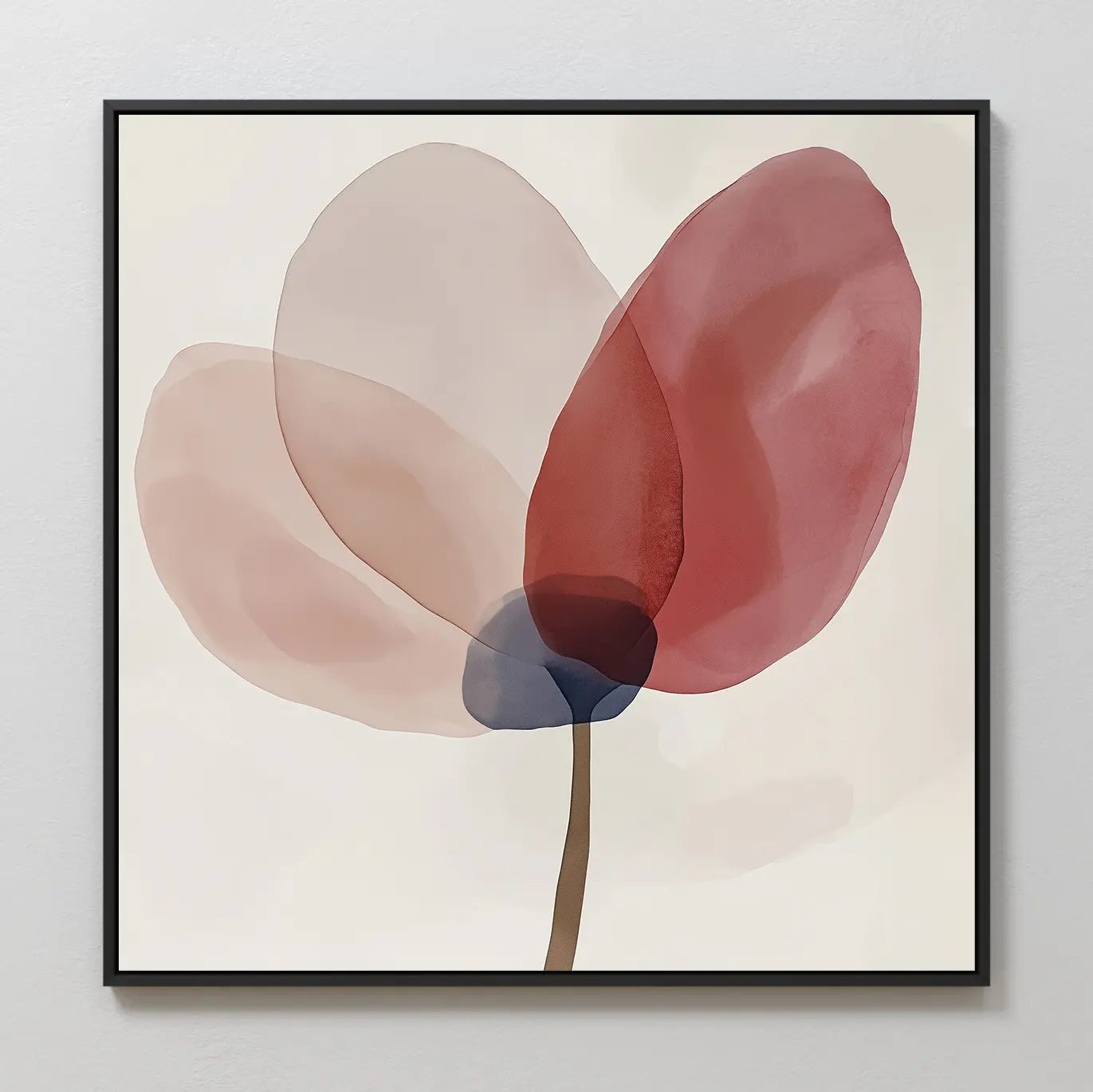Layered Bloom Canvas Art displays a minimalist flower with translucent, overlapping petals in pink, beige, and red. Featuring a thin brown stem on a soft white background, this modern wall decor comes framed in simple black.
