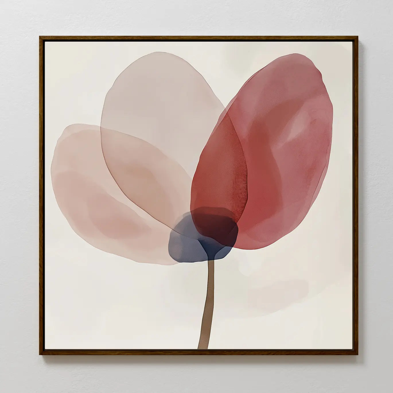 Layered Bloom Canvas Art features a minimalist single flower with translucent blush pink, red, and beige petals on a white background, framed with a simple dark border—ideal for modern wall decor.
