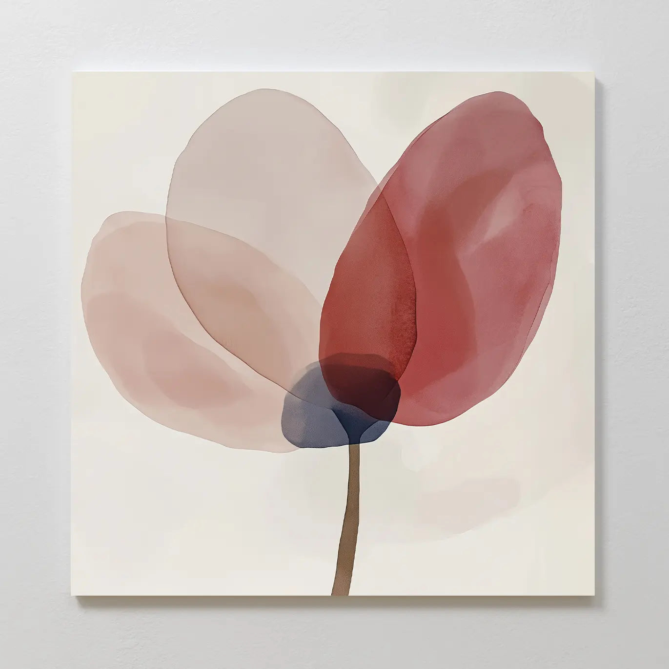 Layered Bloom Canvas Art showcases a single flower with three overlapping translucent petals in beige, blush, and deep red—perfect modern wall decor to bring a touch of blush pink art to any space.