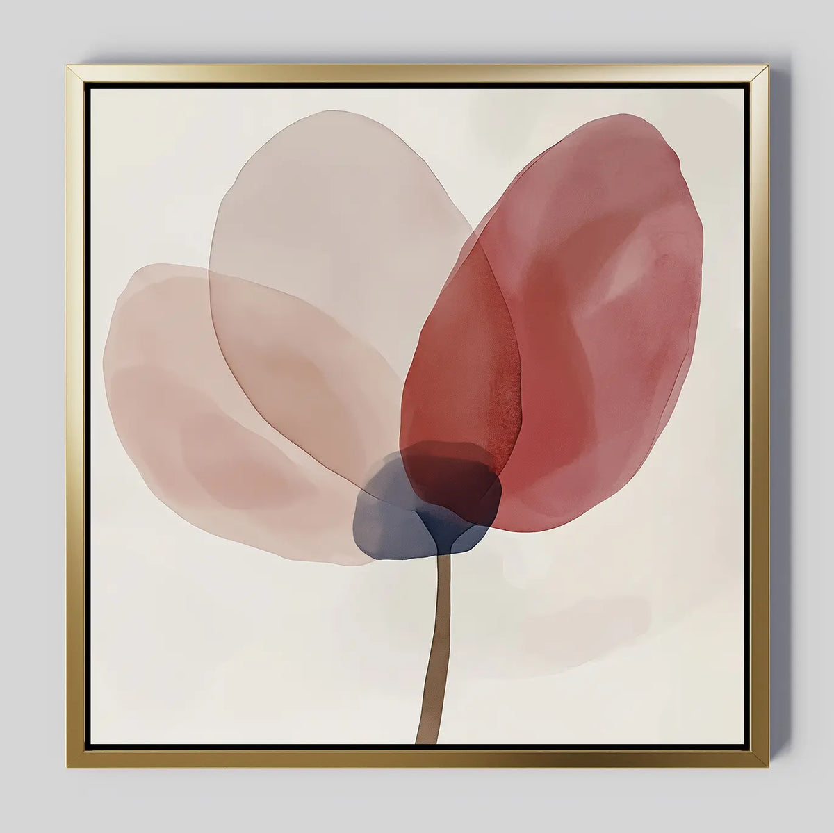 Layered Bloom Canvas Art: A minimalist floral wall piece with three translucent petals in blush pink, beige, and deep red, a thin brown stem, a gold frame, and a light background—perfect modern wall decor.