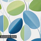 Abstract image of overlapping green and blue ovals on white with thin connecting lines. A “Zoomed-In Detail” label appears at bottom left. Layered Stillness Canvas Art—perfect minimalist wall decor for a modern living room.