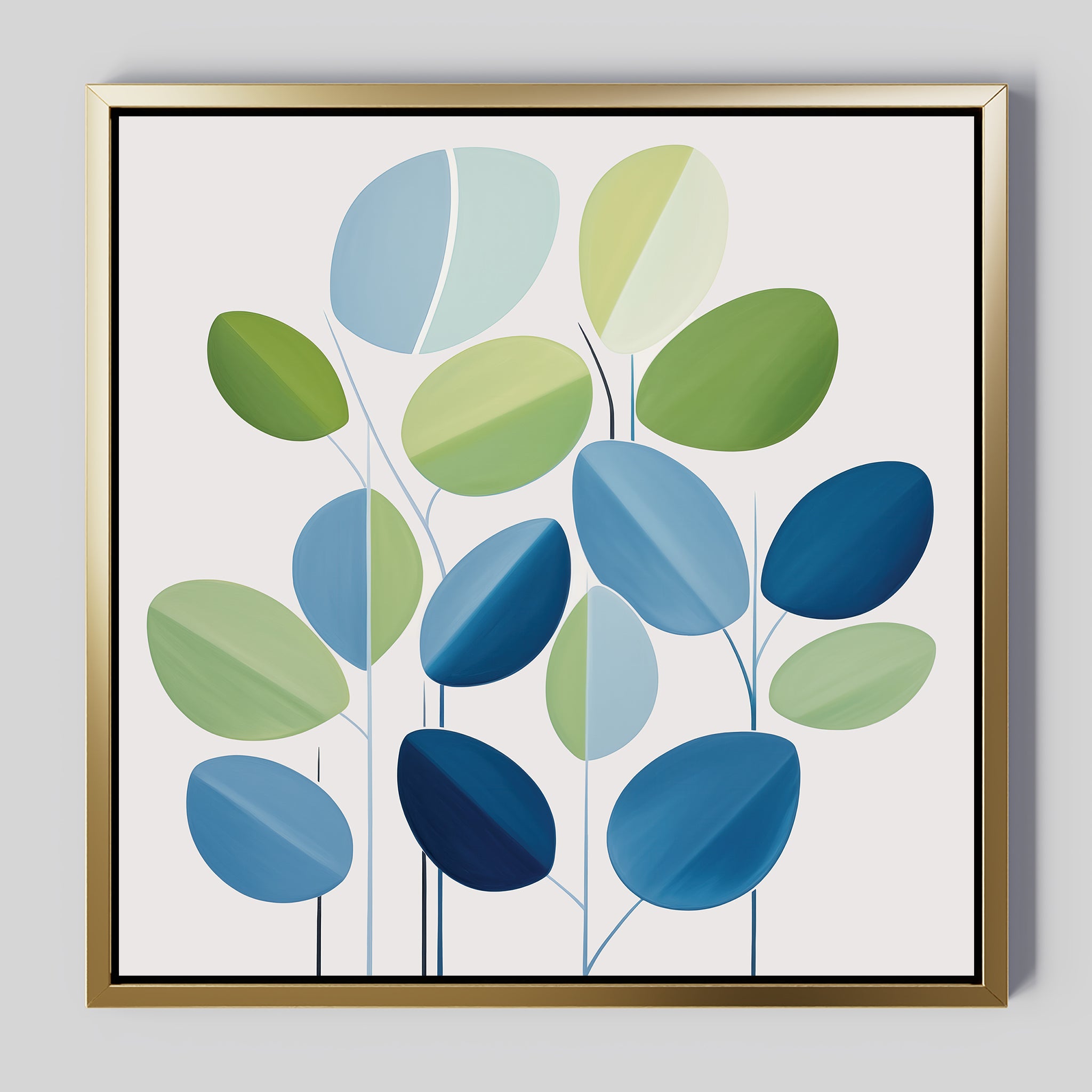 Layered Stillness Canvas Art features abstract blue and green leaves on thin stems with a white background and a slim gold frame—ideal minimalist decor for any modern living space.