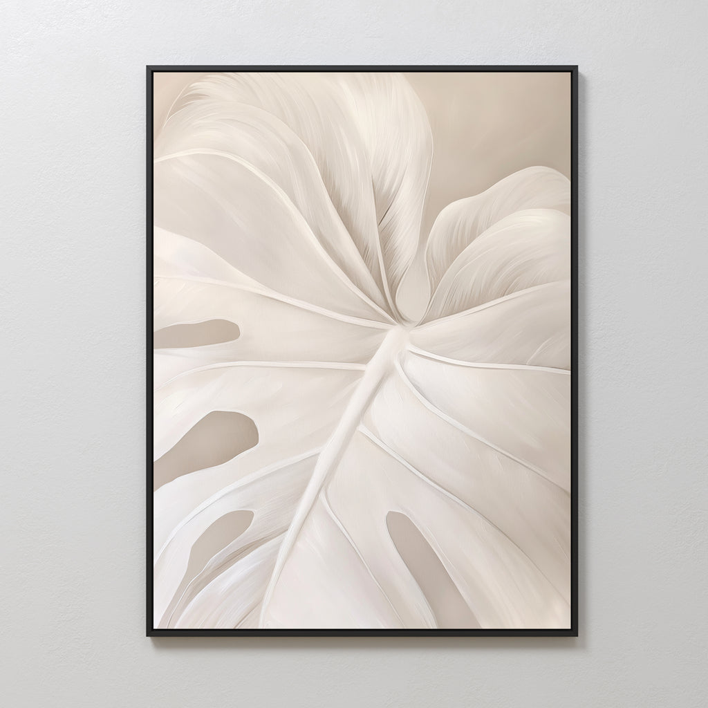 Leaf Whisper Abstract Canvas Art features a close-up of a stylized white monstera leaf with flowing lines on a light beige background, ideal minimalist wall art for enhancing any light-colored room.