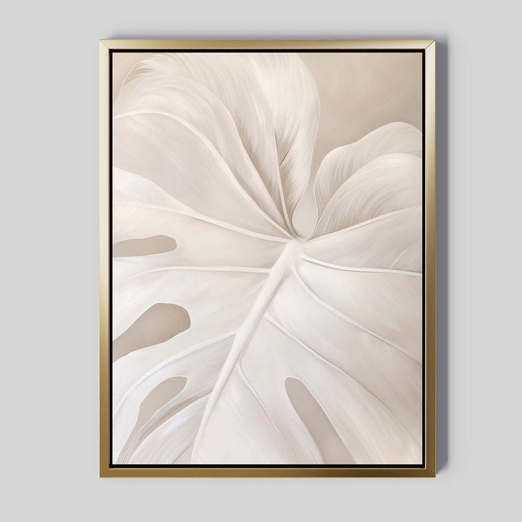 Leaf Whisper Abstract Canvas Art: A framed, minimalist wall art showcasing a close-up of a pale monstera leaf with soft textures and gentle shadows on a light beige background. Ideal for adding serene, Nordic Park-inspired style to your space.