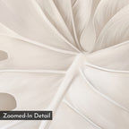 A zoomed-in view of a light, monochromatic monstera leaf with visible veins and soft shading from the Leaf Whisper Abstract Canvas Art—perfect minimalist wall decor. A label in the bottom left corner reads Zoomed-In Detail.