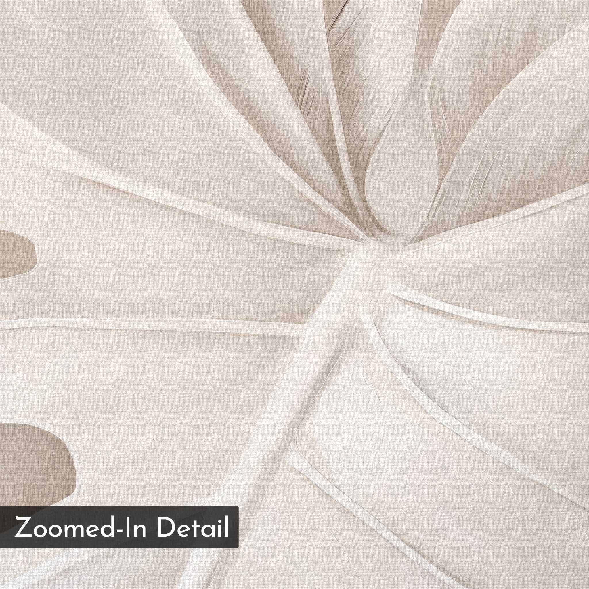 A zoomed-in view of a light, monochromatic monstera leaf with visible veins and soft shading from the Leaf Whisper Abstract Canvas Art—perfect minimalist wall decor. A label in the bottom left corner reads Zoomed-In Detail.