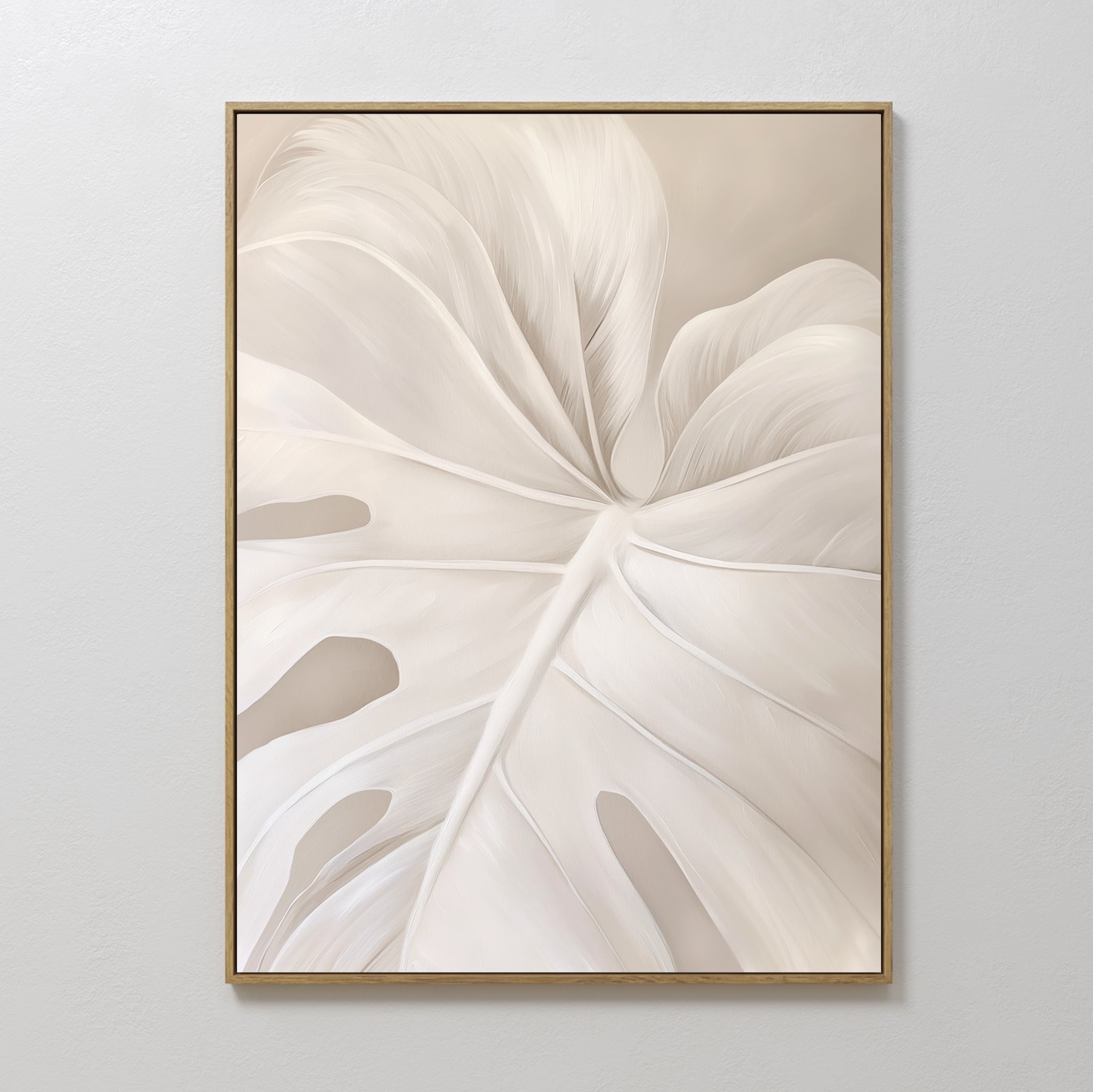 Leaf Whisper Abstract Canvas Art features a large, white monstera leaf with delicate details and soft shading on a neutral background—ideal minimalist wall art for any Nordic Park-inspired decor.