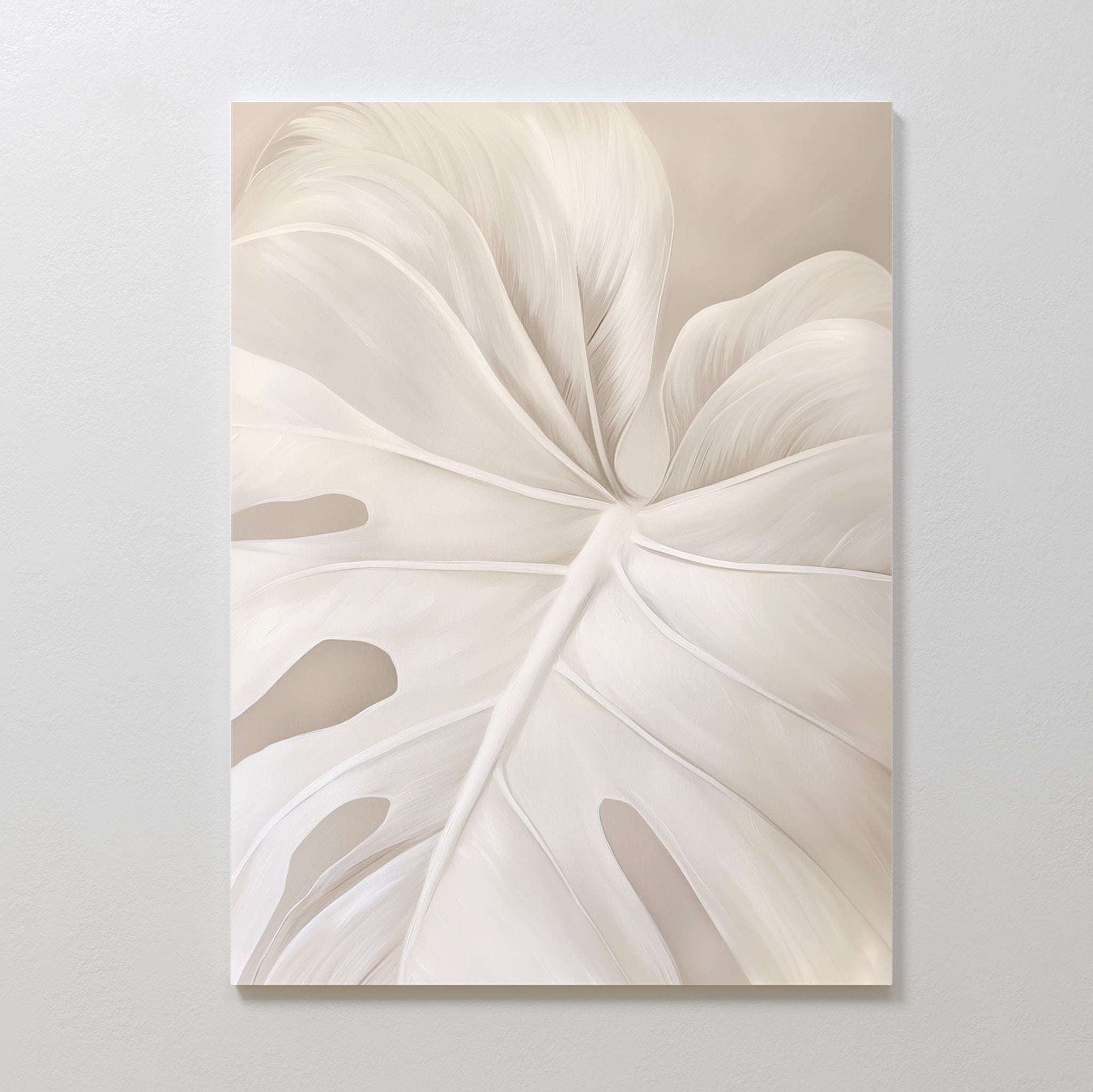 Leaf Whisper Abstract Canvas Art is a large, minimalist wall piece showcasing a pale monochromatic monstera leaf with soft lines and shading—ideal for bringing Nordic Park elegance to any neutral room.