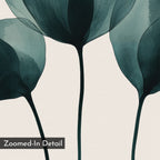 Leafy Balance Canvas Art showcases a zoomed-in detail of three abstract teal leaves with dark stems on a light background, ideal for living room decor or as part of a canvas set.