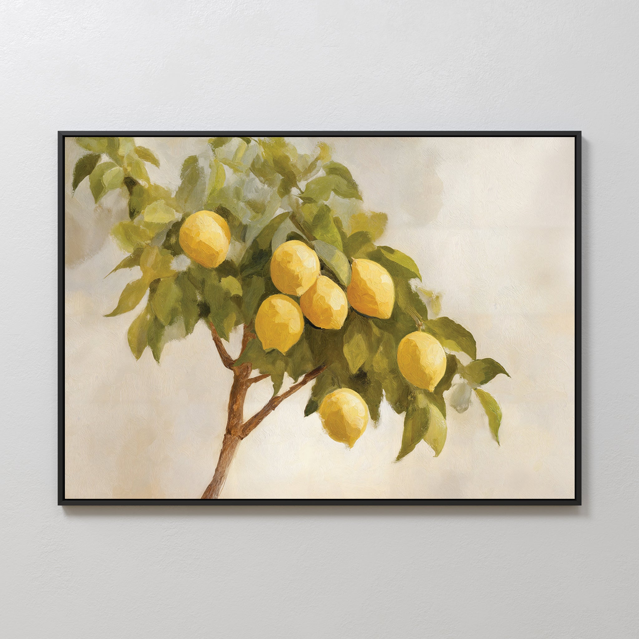 Lemon Essence Canvas Art features a tree branch with ripe yellow lemons and green leaves against a soft background—an ideal piece to add rustic charm to your Mediterranean kitchen decor.