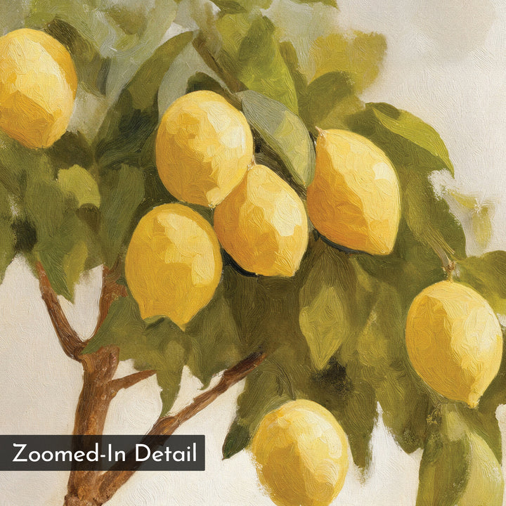 Lemon Essence Canvas Art: A close-up painting of ripe yellow lemons on leafy branches, with impressionistic brushstrokes for vibrant wall art—ideal for rustic kitchen decor. “Zoomed-In Detail” text appears in the corner.