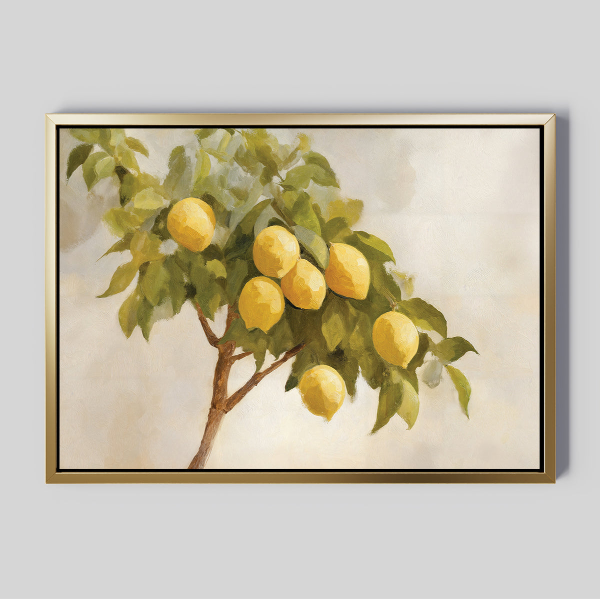 Lemon Essence Canvas Art features a lemon tree branch with green leaves and yellow lemons set against a light, neutral background—ideal rustic wall art for upgrading Mediterranean kitchen decor.