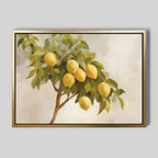 Lemon Essence Canvas Art features a lemon tree branch with green leaves and yellow lemons set against a light, neutral background—ideal rustic wall art for upgrading Mediterranean kitchen decor.