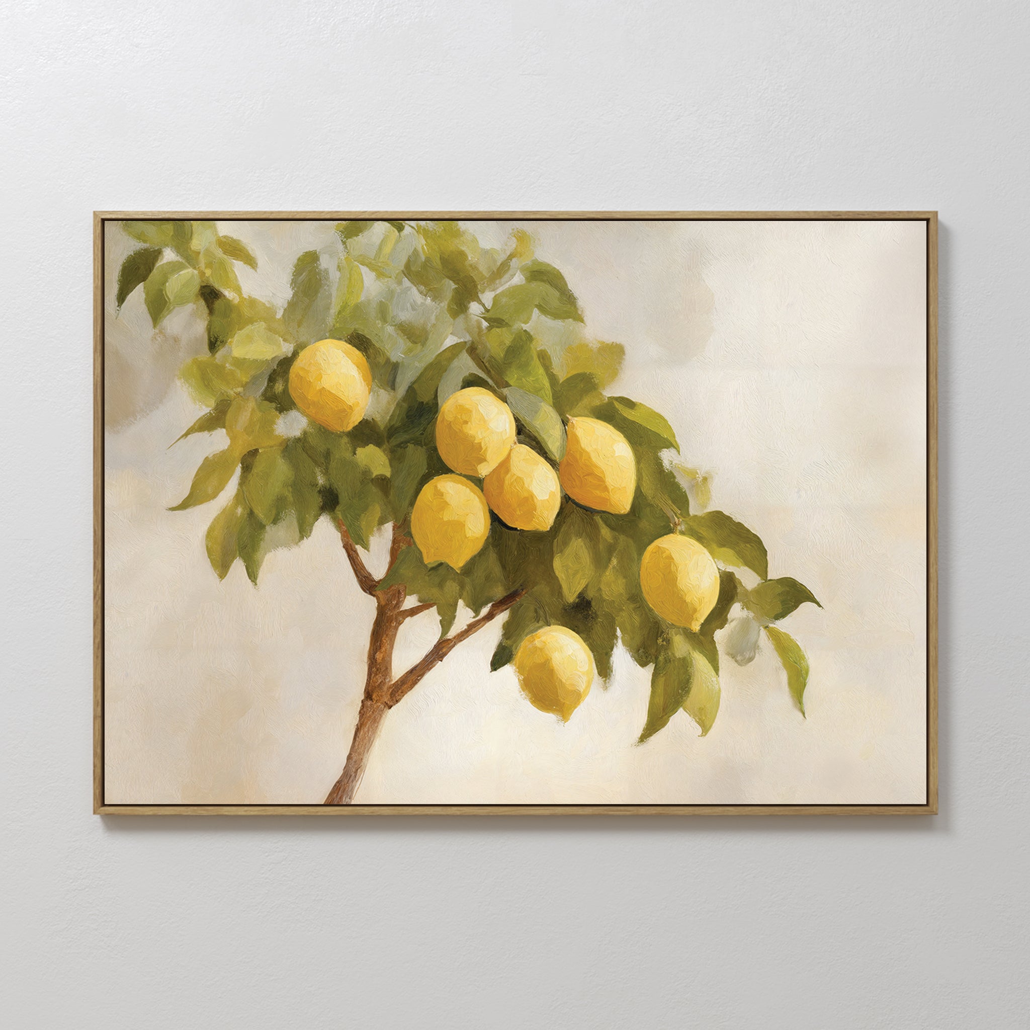 Lemon Essence Canvas Art features a framed painting of a lemon tree branch with ripe yellow lemons and green leaves against a light, neutral background—ideal for rustic wall art or Mediterranean kitchen decor.